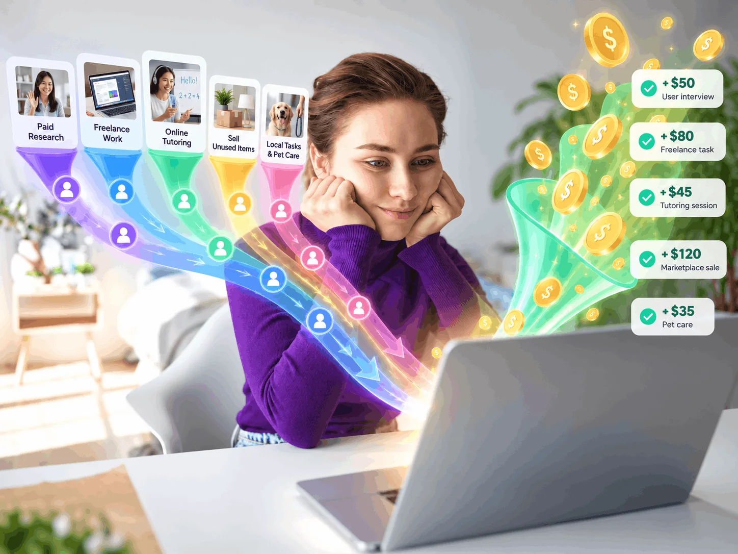 Woman at a laptop with illustrations of paid research, freelance work, tutoring, selling unused items and pet care.