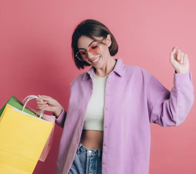 Australian consumer holding shopping bags for product research