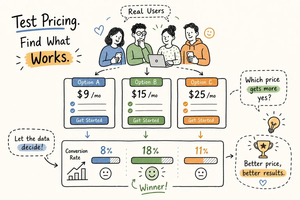 Illustration showing three pricing options being tested with real users to find the best conversion rate