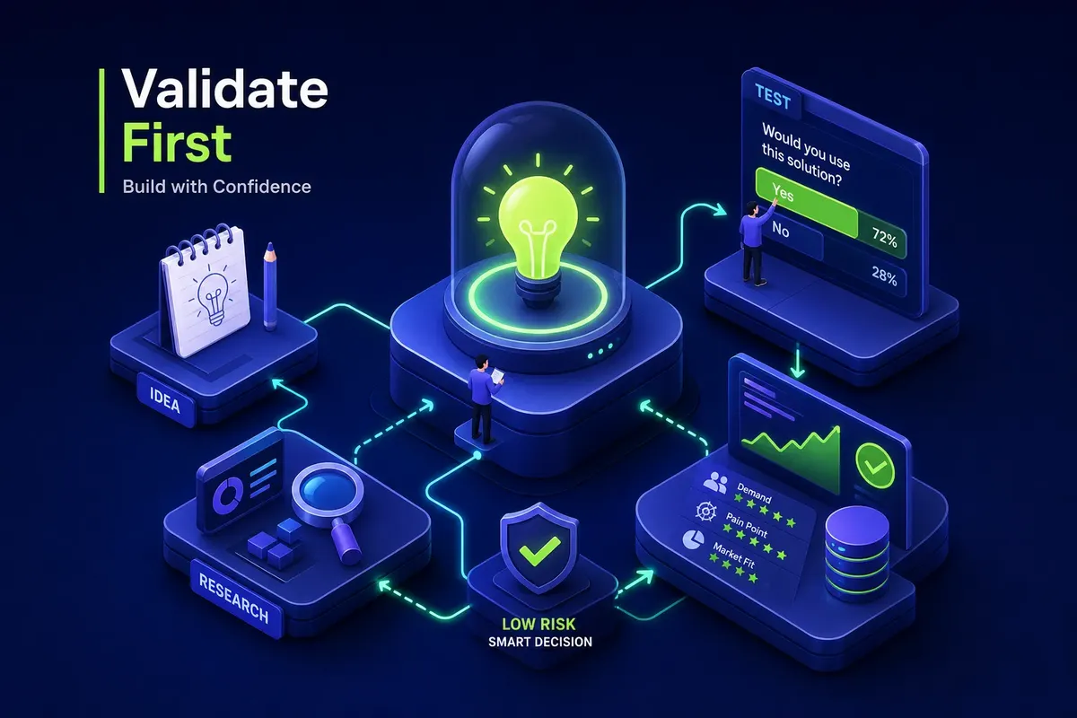 Illustration showing the business idea validation process — from idea to research to low-risk smart decision