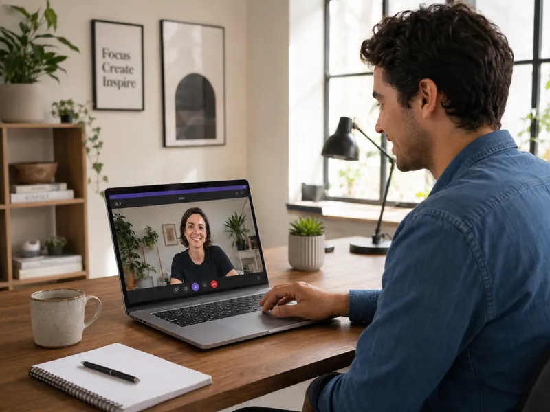 Man at a desk on a video call with a researcher, discussing his experience with a digital product