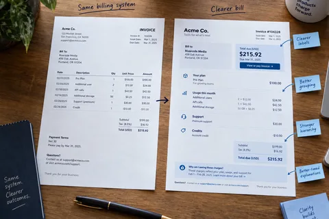 Comparison of a traditional invoice and a clearer redesigned bill