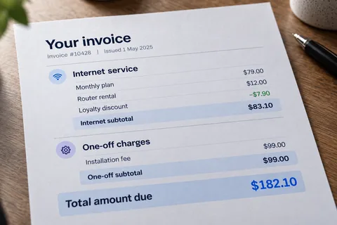Invoice showing grouped charges, subtotals and total amount due