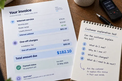 Invoice comprehension test asking a customer to explain their bill