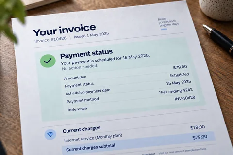 Invoice showing a scheduled payment status, date and amount due