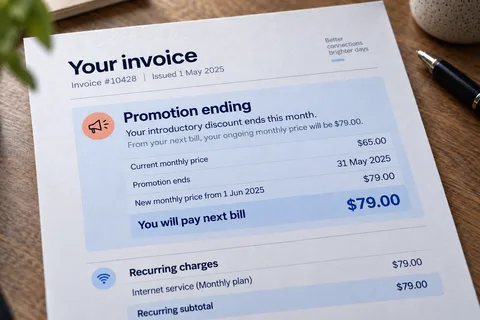 Invoice explaining a promotion ending and the next monthly price