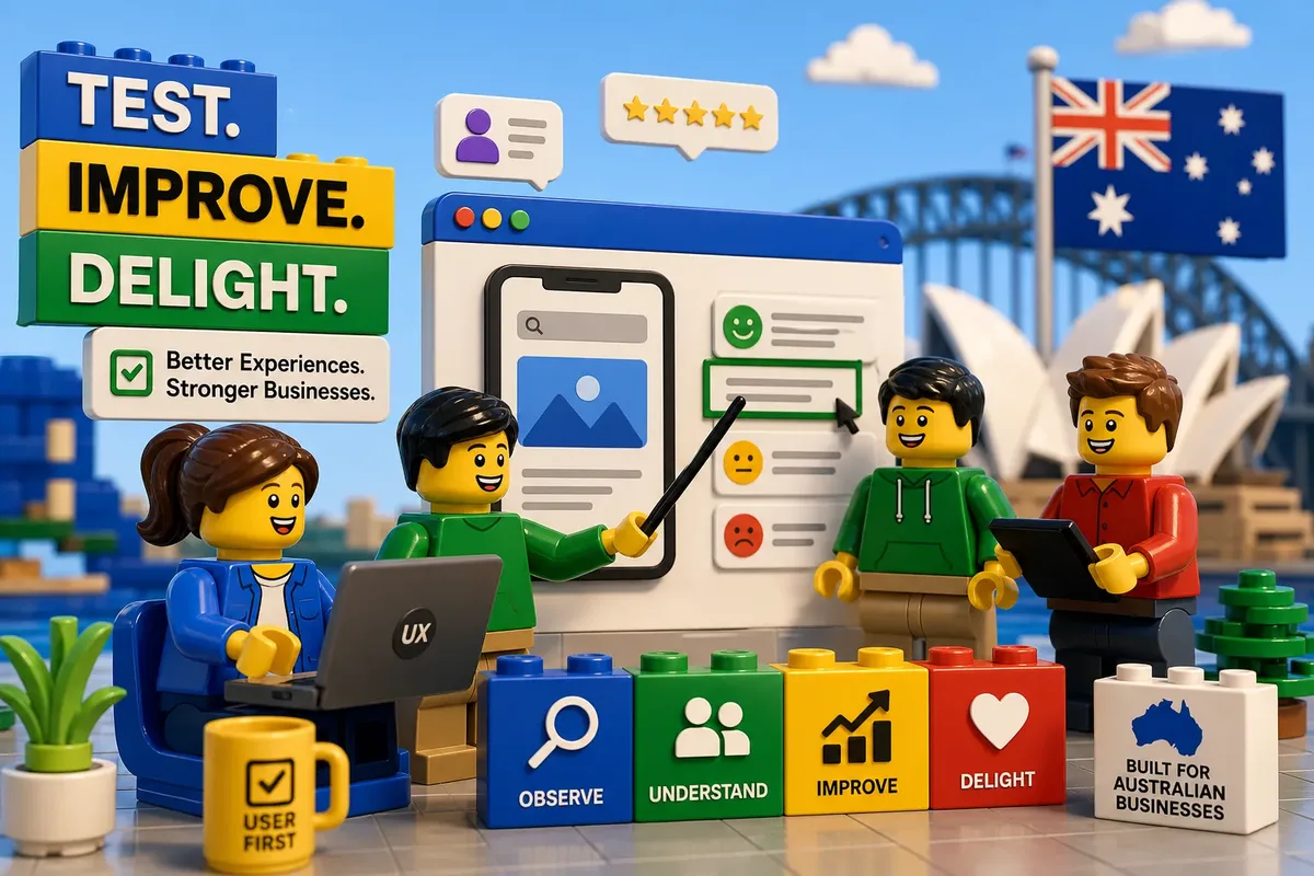 Lego-style illustration of an Australian UX team running usability tests — with observe, understand, improve, and delight icons