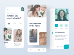 Home care support app interface showcasing personalized services, including respite, psychologists, and a buddy list. The app features user-friendly navigation, profiles of trusted caregivers like Pearl Flemming, and local service options tailored to individual needs.