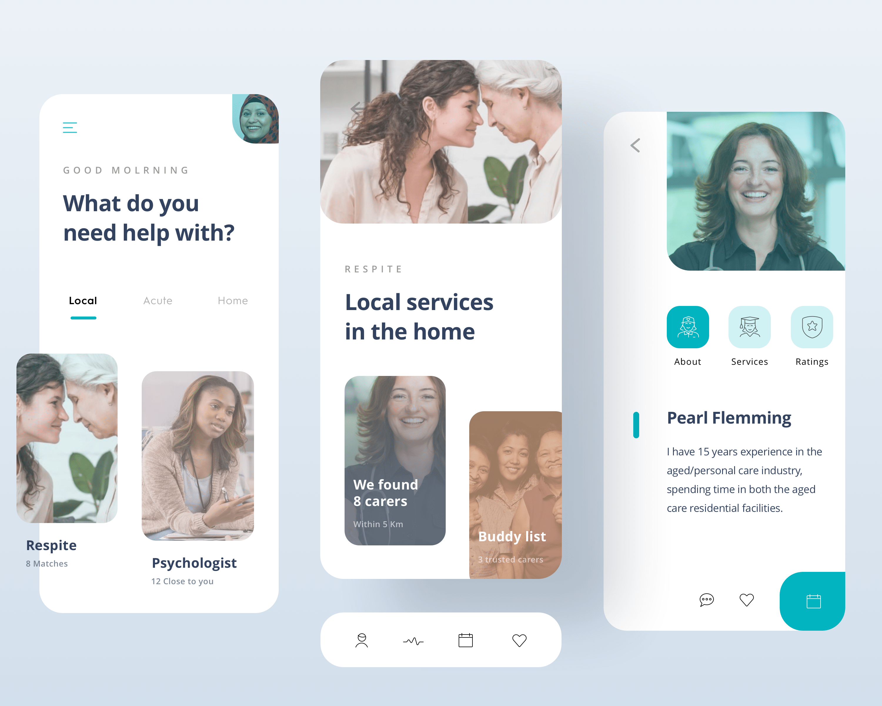 Home care support app interface showcasing personalized services, including respite, psychologists, and a buddy list. The app features user-friendly navigation, profiles of trusted caregivers like Pearl Flemming, and local service options tailored to individual needs.