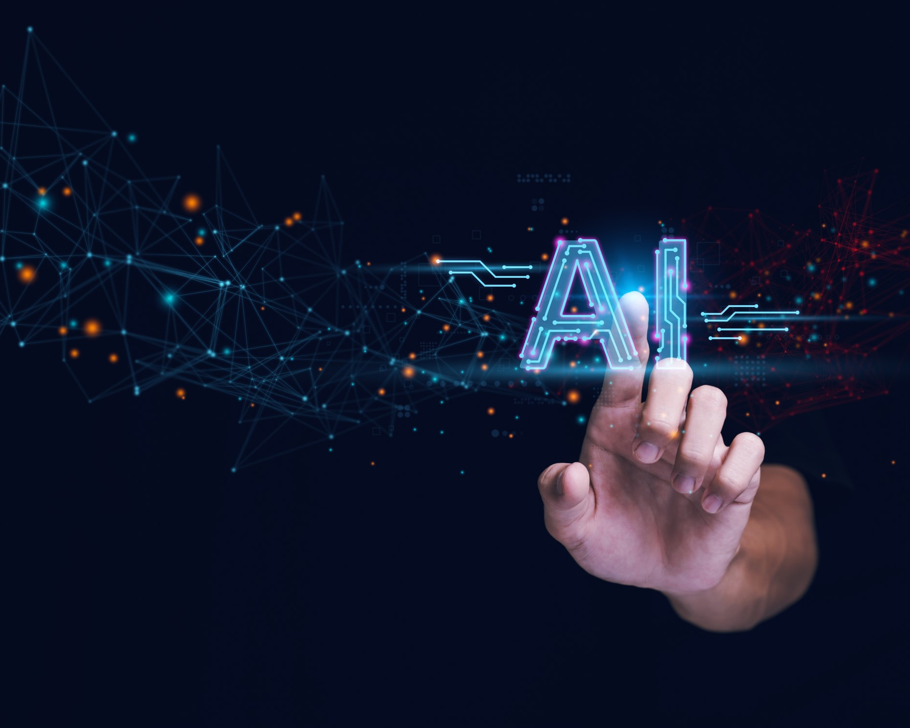 Hand reaching toward a glowing 'AI' text surrounded by a network of digital nodes and glowing points, symbolizing artificial intelligence and connectivity.