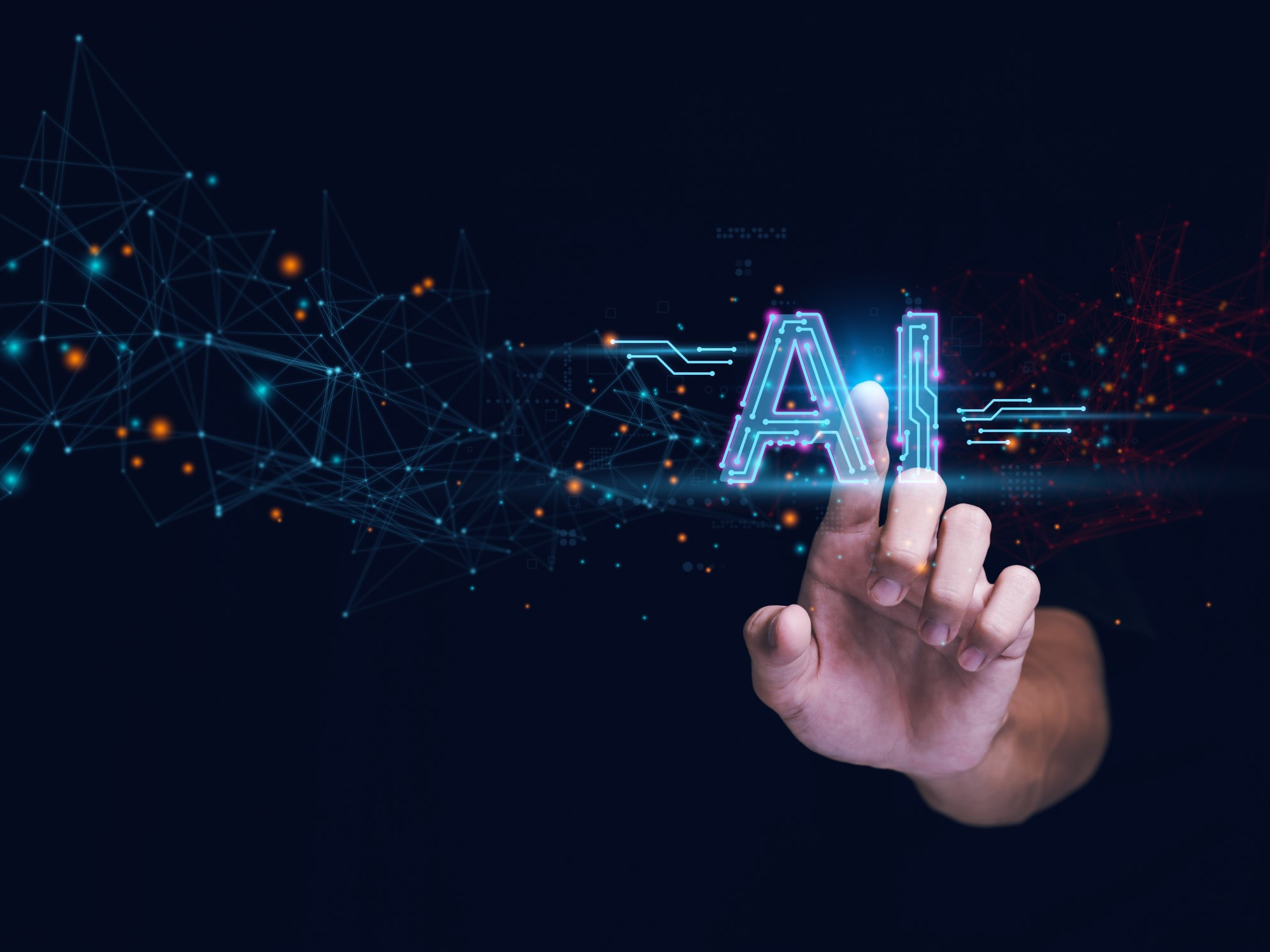 Hand reaching toward a glowing 'AI' text surrounded by a network of digital nodes and glowing points, symbolizing artificial intelligence and connectivity.