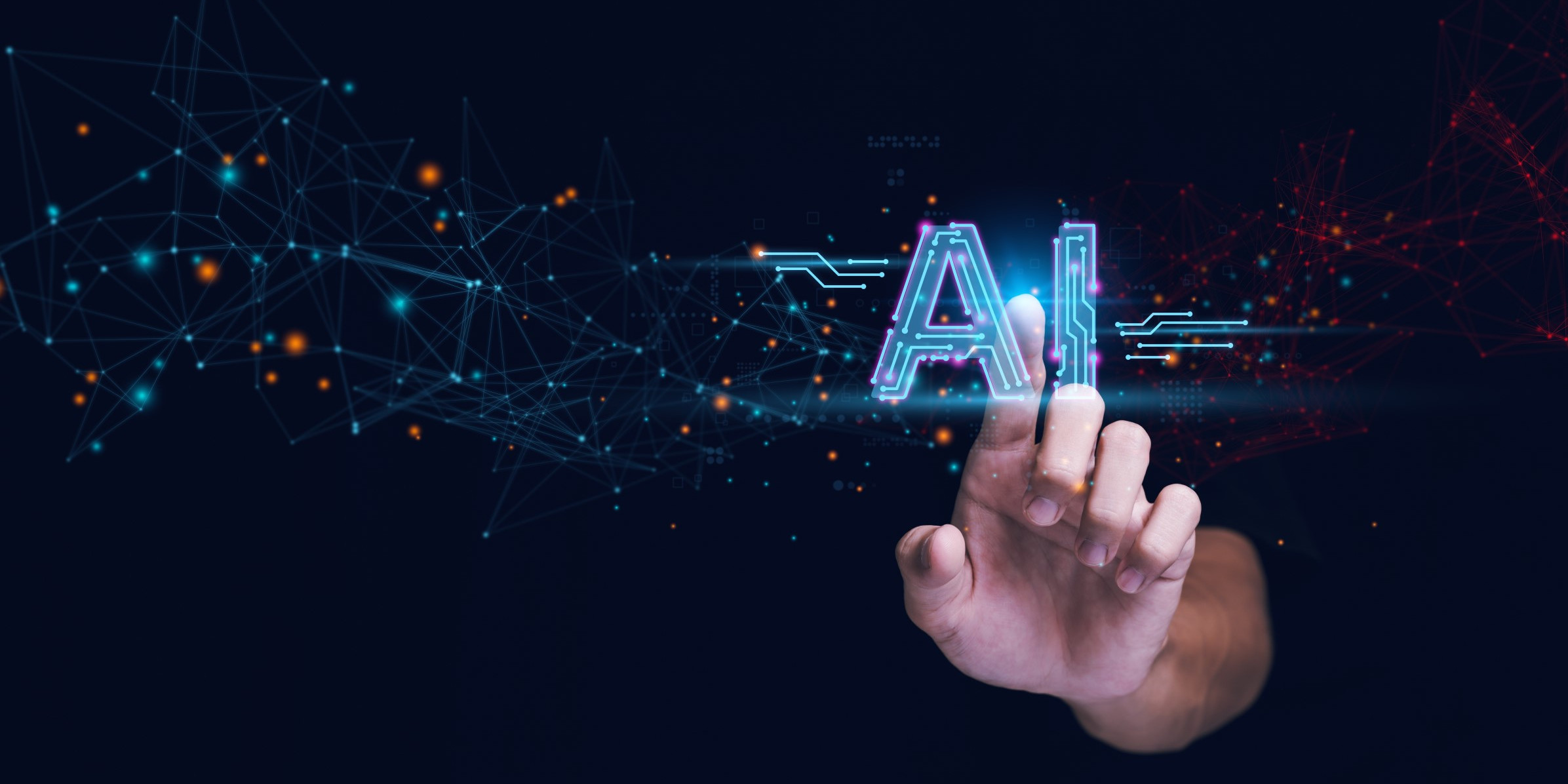 Hand reaching toward a glowing 'AI' text surrounded by a network of digital nodes and glowing points, symbolizing artificial intelligence and connectivity.