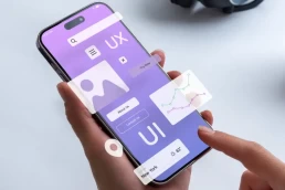 Close-up of a hand interacting with a smartphone interface showcasing UX and UI design elements, including graphs, buttons, and interactive components, placed on a white table with a coffee mug in the background.