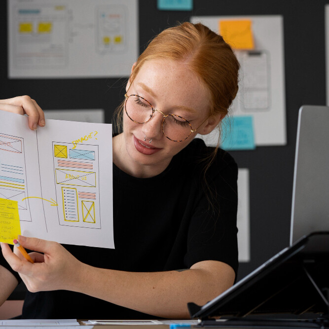 A UX designer explaining a wireframe sketch during a usability testing session, with design drafts and sticky notes in the background.