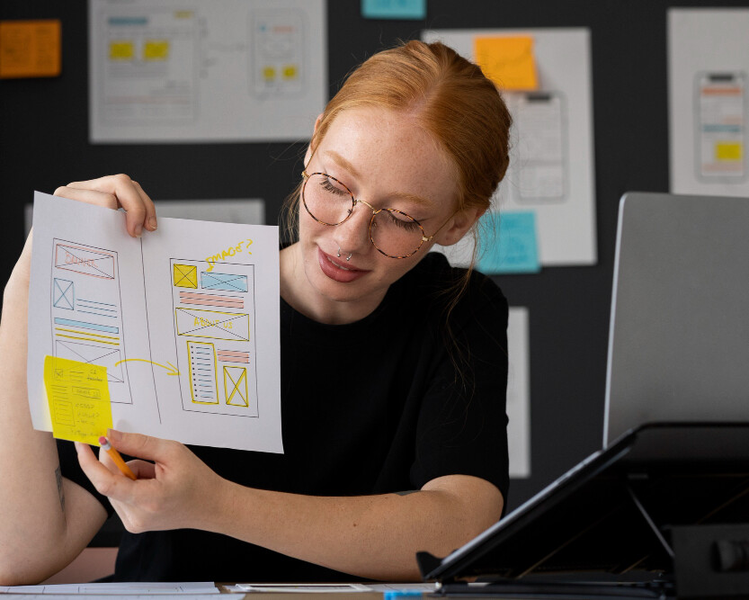 A UX designer explaining a wireframe sketch during a usability testing session, with design drafts and sticky notes in the background.