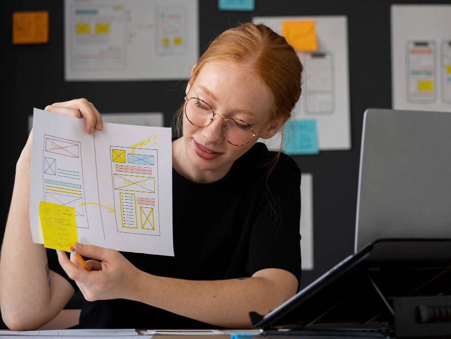A UX designer explaining a wireframe sketch during a usability testing session, with design drafts and sticky notes in the background.