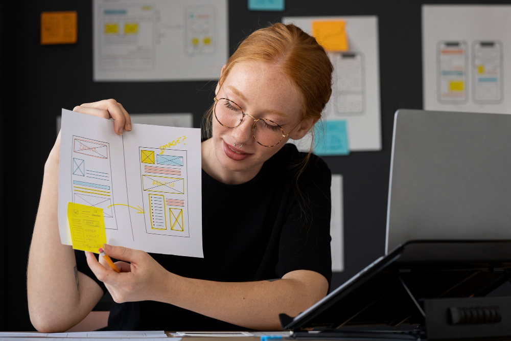 A UX designer explaining a wireframe sketch during a usability testing session, with design drafts and sticky notes in the background.