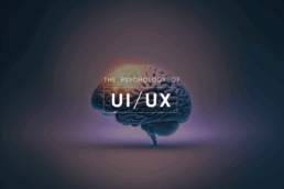 Digital rendering of a human brain glowing with light, overlaid with the text 'The Psychology of UI/UX' in bold typography, set against a gradient dark background.
