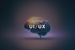 Digital rendering of a human brain glowing with light, overlaid with the text 'The Psychology of UI/UX' in bold typography, set against a gradient dark background.