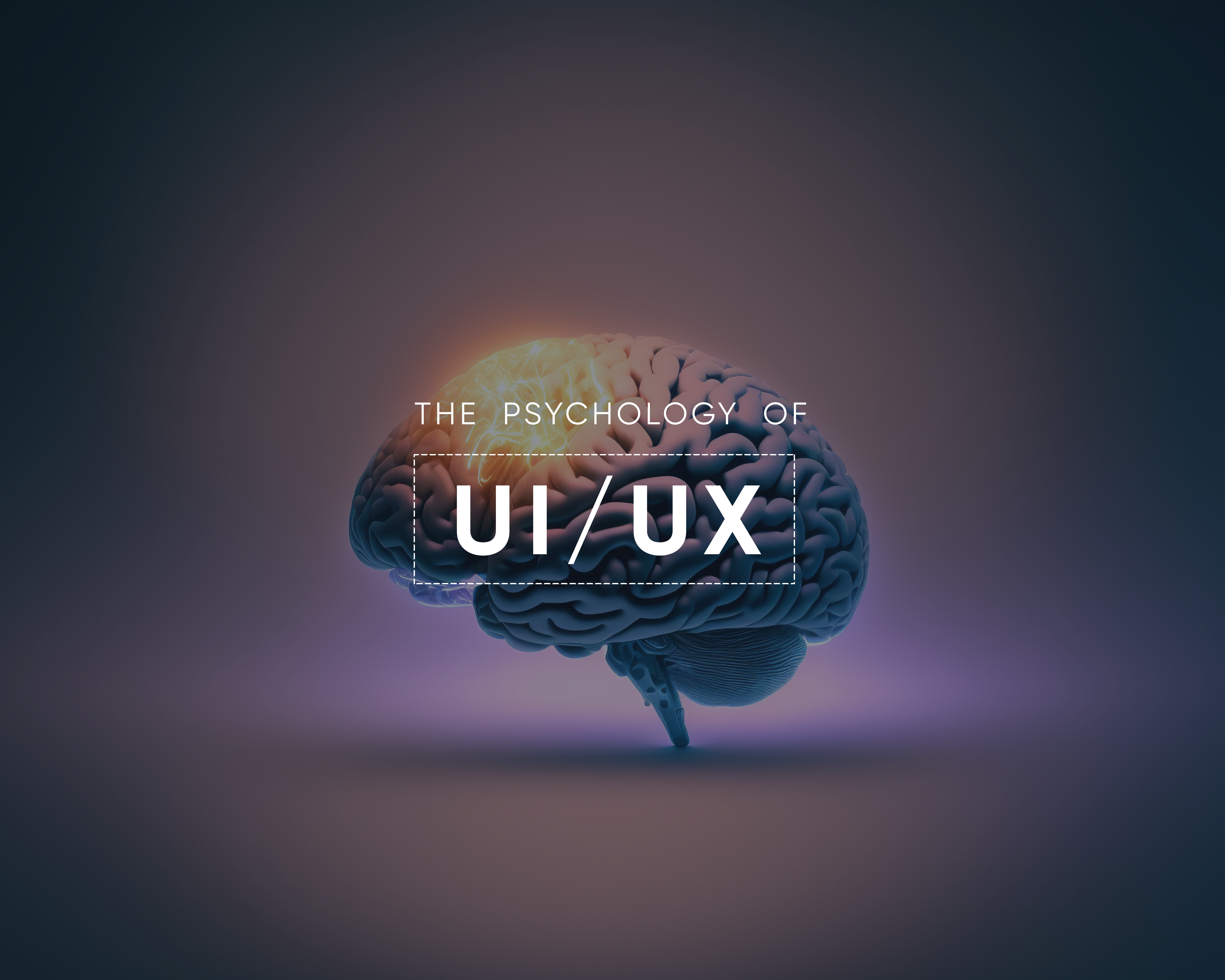 Digital rendering of a human brain glowing with light, overlaid with the text 'The Psychology of UI/UX' in bold typography, set against a gradient dark background.