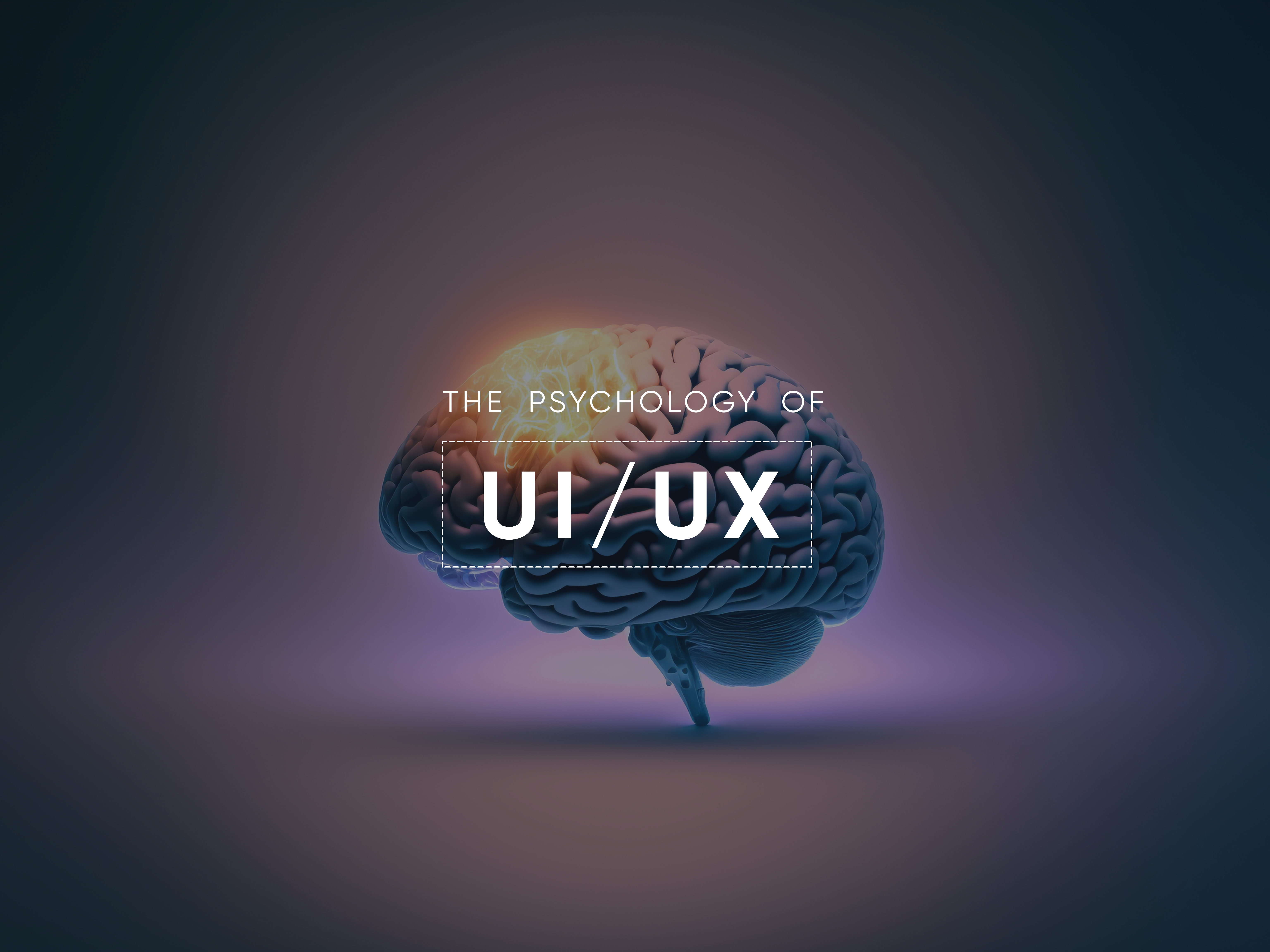 Digital rendering of a human brain glowing with light, overlaid with the text 'The Psychology of UI/UX' in bold typography, set against a gradient dark background.
