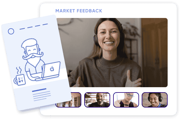 A smiling woman wearing headphones giving a thumbs-up during a virtual market feedback session. Below her, a row of small participant images shows diverse individuals engaged in the session. To the left, an illustrated card depicts a man with a mustache, drinking coffee, and working on a laptop.