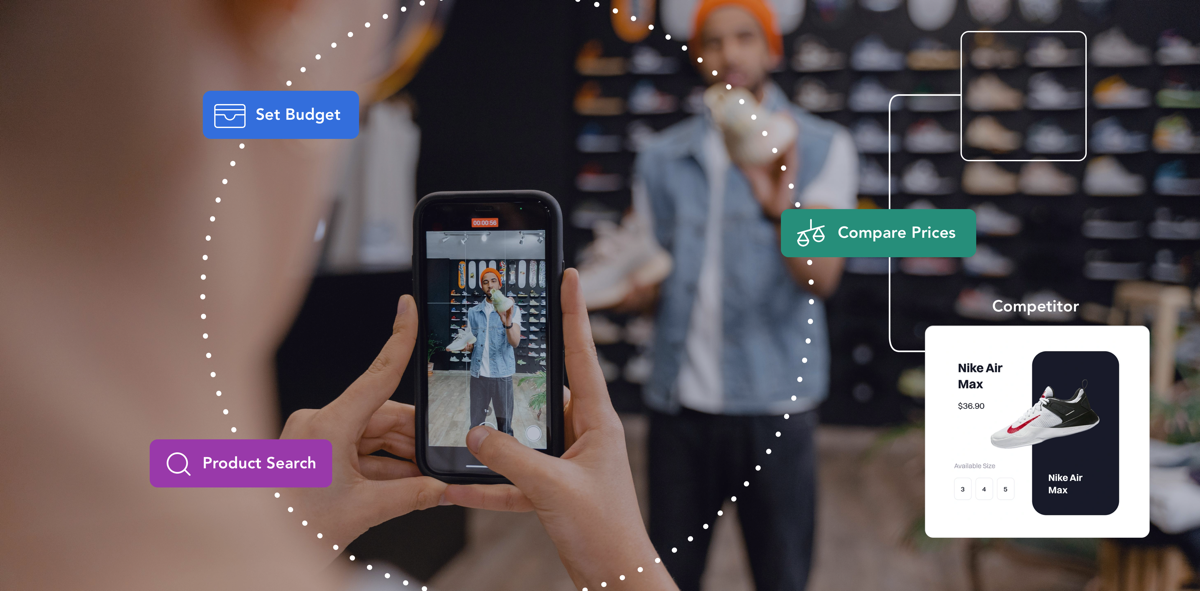 A person using a smartphone to compare product prices in a store, with visual labels indicating actions like setting a budget, product search, and price comparison.