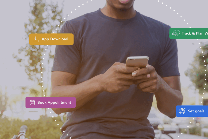 A person using a smartphone outdoors, with visual labels indicating actions such as app download, booking appointments, setting goals, and tracking workouts.
