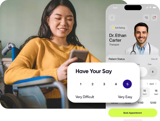 Smiling woman in a wheelchair using her smartphone, with a telehealth app interface showing Dr. Ethan Carter and a patient feedback survey rating the appointment booking process as “Very Easy.”