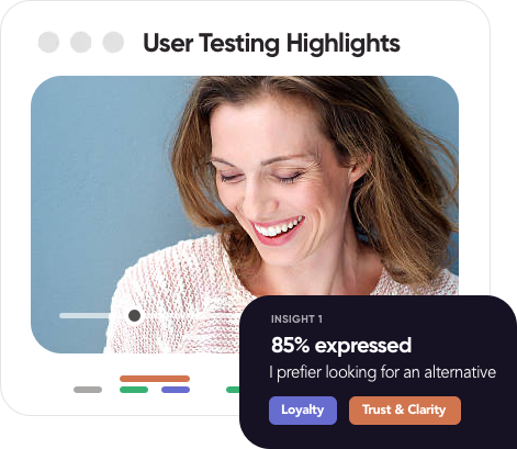 Smiling woman looking down at a tablet during usability testing session, with overlay showing “85% expressed – I prefer looking for an alternative” under User Testing Highlights.