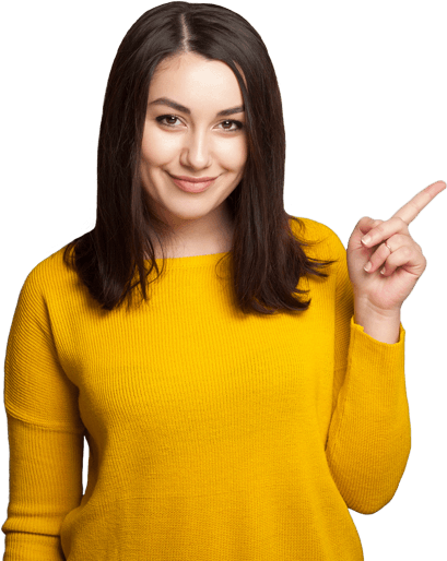 Smiling woman in a yellow sweater pointing to a website interface mockup with a colorful gradient background, representing usability testing services with real users for actionable product insights.