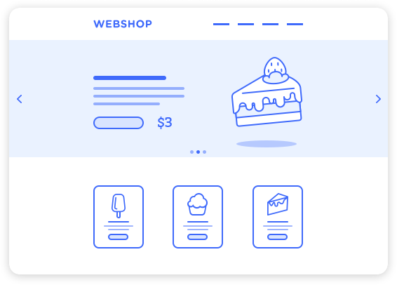 Online interface mockup showcasing a cake product with pricing and navigation icons, emphasizing a clean and minimalistic design for testing user-friendly e-commerce platforms.